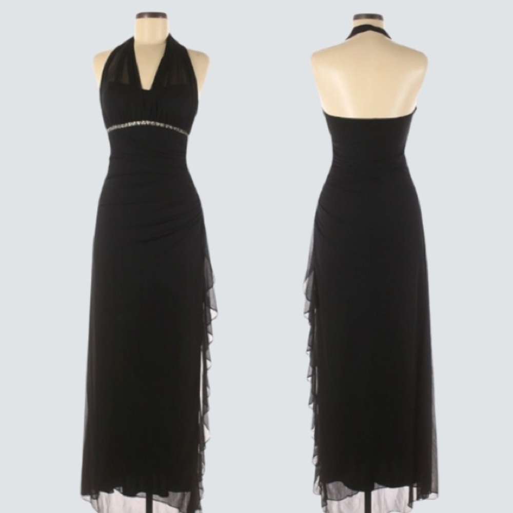 Cache Vintage 90's Y2K Black Ruched Rhinestone Sheer Halter Top Gown Size 4
